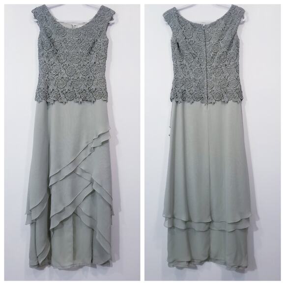 Cameron Blake by Mon Cheri Women size 6P Green Lace Tiered Long Formal Dress - Picture 1 of 12